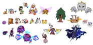 D-Side designs for Kirby, Bandana Dee (Magidee), Adeleine, Ribbon, King Dedede, Meta Knight, Whispy Woods, Kabula, Kracko, Lololo, Lalala, Gooey, Rick, Coo, Kine, Pitch, Nago, Chuchu, Dark Matter, Dark Matter Swordsman (Dark Matter Lance), Zero, 0², Marx, and Nightmare.