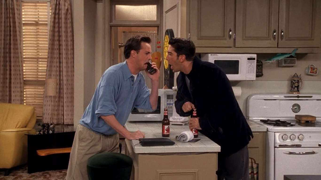 prompthunt: friends tv show episode, chandler bing eating pizza