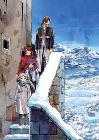 Frieren, the white haired elf who leads the party, Fern, a purple haired mage, Stark, a red haired warrior wielding a battleaxe, and Sein, an adult priest, traversing through a building in a snowy landscape. Frieren holds her briefcase and walks at the front of the party while Sein brings up the rear.