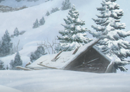 The hunter's cabin outside of the Village of the Sword that was destroyed by the Lord of the Mountains.