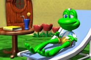Frogger relaxing outside of his house.
