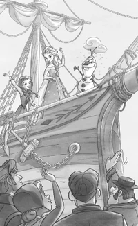 Elsa, Anna and Olaf waving goodbye.