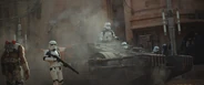 Tam Posla dans les rues de Jedha City derrière un tank d'assaut "Occupant" TX-225 GAVw.