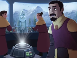 Le ministre Ecka recevant du Maître Jedi Avar Kriss affirmant que l'aide est en chemin.