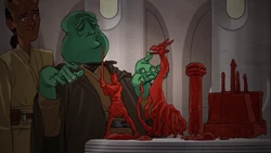 Le Maître Jedi Wishan réalise une sculpture de grand dragon Krayt.