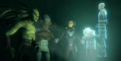 Fisto s'entretient avec Yoda et Mace Windu durant la seconde bataille de Mon Cala.