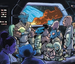 Qort avec les Initiés Jedi lors de la destruction du Flambeau Stellaire.