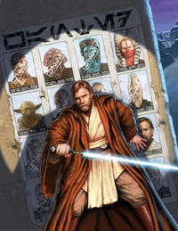 Une affiche des Jedi recherchés par l'Empire, incluant Stass Allie, derrière Obi-Wan Kenobi.