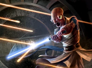 Un Jedi Mon Calamari utilise la forme Djem So pour détourner des tirs de blaster.