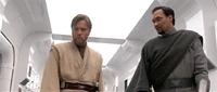 Obi-Wan Kenobi discutant avec Bail Organa et Yoda (non visible).