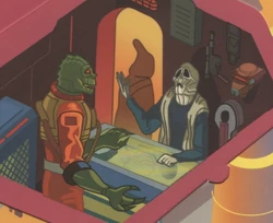Elis Helrot et Bossk en discussion dans la cantina de Chalmun.
