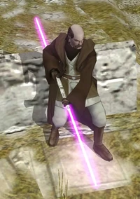 Zez Kai-Ell et son sabre laser à double lame violet.