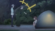 Yuki and Shigure find Tohru living in a tent.