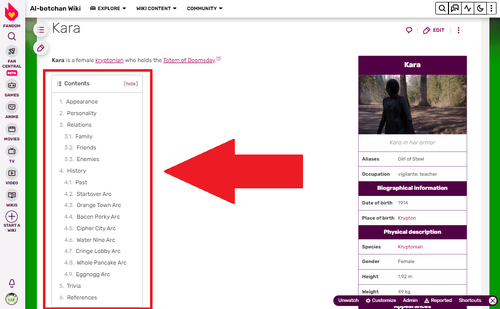 Le sommaire présente les différentes sections et sous-sections de la page.