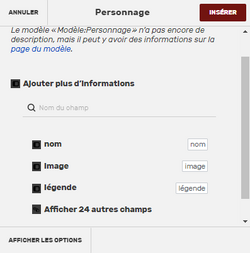 Une image d'un utilisateur sélectionnant des paramètres dans l'Éditeur Visuel, dans un modèle nommé « Album ». Les paramètres du modèle contiennent « title, image, imagecaption » et un bouton disant « Ajouter plus d’informations ».