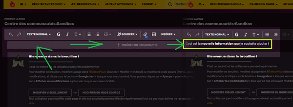 2. Comment ajouter du contenu dans l'éditeur ? Mettez en surbrillance ou placez votre curseur à l'endroit où vous souhaitez commencer à contribuer, maintenant que vous êtes en Mode Contribution. Dans cet exemple, tiré de notre page de test, vous pouvez cliquer sur « Insérer un paragraphe » pour ajouter un nouveau texte avant la première case.