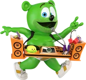 Gummibär wearing a portable DJ equipment.