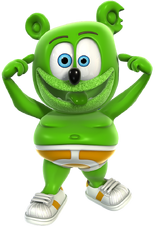 Gummibär wearing his recurrent clothes, an orange Y-front underwear and white sports sneakers.