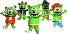 Gummibär and his other duplicates of him wearing different types of clothing.