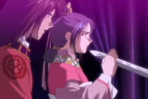 Houki defends Hotohori by taking hold of Tendo's sword.