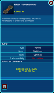 A screenshot from OpenFusion that showcases the item description window for a Vehicle item.