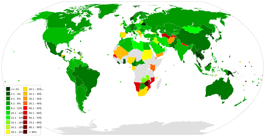 World map of countries by rate of unemployment