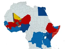 West African and East African fronts at the beginning of 2026. Yellow represents the Azawad rebellions. Grey represents the Jihadist insurgency in Burkina Faso.