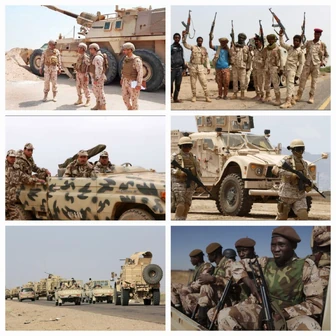 (From left to right): Emirati soldiers next to artillery, Sudanese soldiers with allied insurgents, Moroccan soldiers in a jeep, Saudi motorized forces moving through, Egyptian convoy on the move, Senegalese soldiers in a pickup truck