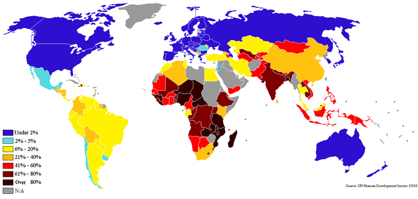 Percentage population living on less than $2 per day 2009