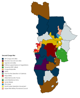 Map of the 2nd Congo War with concurrent conflicts in Congo Brazzaville, Angola and Sudan. circa