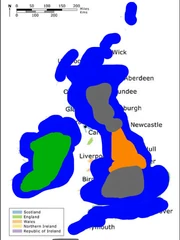 Blue: Flooded places
Green: Ireland
Orange: Britain
Grey: Irish colonies