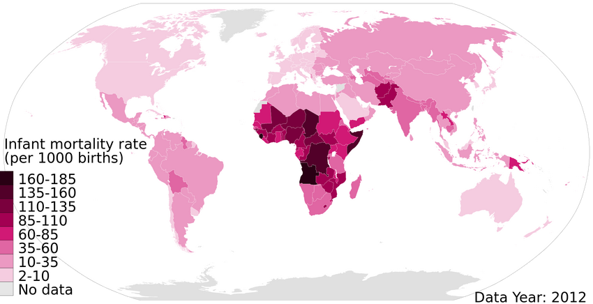 2012 Infant mortality rate per 1000 live births, under-5, world map