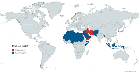 Map of countries with Shia or Sunni majority 
