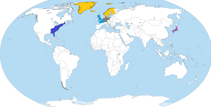 Blue = London, dark blue = New York, yellow = Billund, grey = Hamburg, pink = Miyako, purple = Tokyo