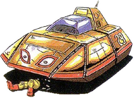 Artwork of the Crazy Bear in F-Zero X, with Dr. Clash doing repairs underneath it.