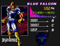 Captain Falcon in the Blue Falcon's Stat screen.