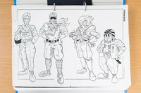 Concept art of Captain Falcon, Dr. Stewart, Pico, and Samurai Goroh from F-Zero.