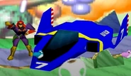 Captain Falcon drives onto the Yoshi's Island stage in his car.