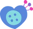 A blue heart-shaped pin cushion behind a lighter blue button with three sewing pins; two pink, one purple