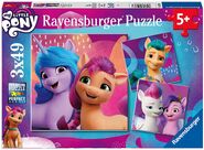 3 49 piece puzzles featuring Izzy Moonbow, Hitch Trailblazer, Pipp Petals, Sunny Starscout, and Zipp Storm