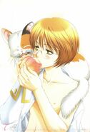 Satoshi with Tonosama eating a peach