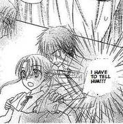 Tsubasa taking Mikan after she fell from the time space window.