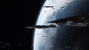 Valkyrie-type battlestars over Caprica