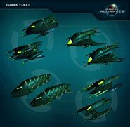 The complete Vossk fleet (minus the carriers) in Galaxy on Fire - Alliances. Please note that these models are not 100% finished, so the final designs might still look a little different.