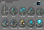 A collection of concept artworks of (almost) all of the Terran structures in GOF-A. The only one missing is the artifact center shown earlier in this article.