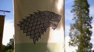 Estandarte Stark – variante com o lobo gigante cinza e o fundo branco acima de um escudo verde.