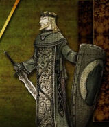 King Mern IX Gardener, holding a shield displaying the green hand sigil of House Gardener.