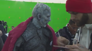 Behind the scenes photo, showing full detail of the White Walkers' master's costume {5 of 6). He is supposed to look more aristocratic and powerful than the standard White Walkers. One of the ways of showing this is the ring of horns growing out of his head that look like an elegant crown.
