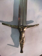 The custom hilt of Roose Bolton's sword is shaped like a flayed man.