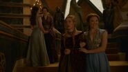 In King's Landing itself, noble ladies imitate the styles worn by the current royal family: notice the noblewoman in the background dressed in Cersei's Westerlands-style (though by this point in Season 3, some of the other background noblewomen are shifting to dress like Margaery, the new major player at court).